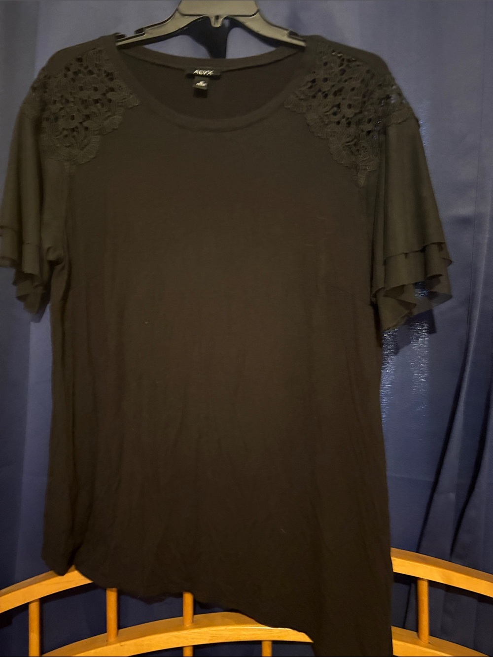 ALVX Black Lace Shoulder Ruffle Sleeve Tee side tie